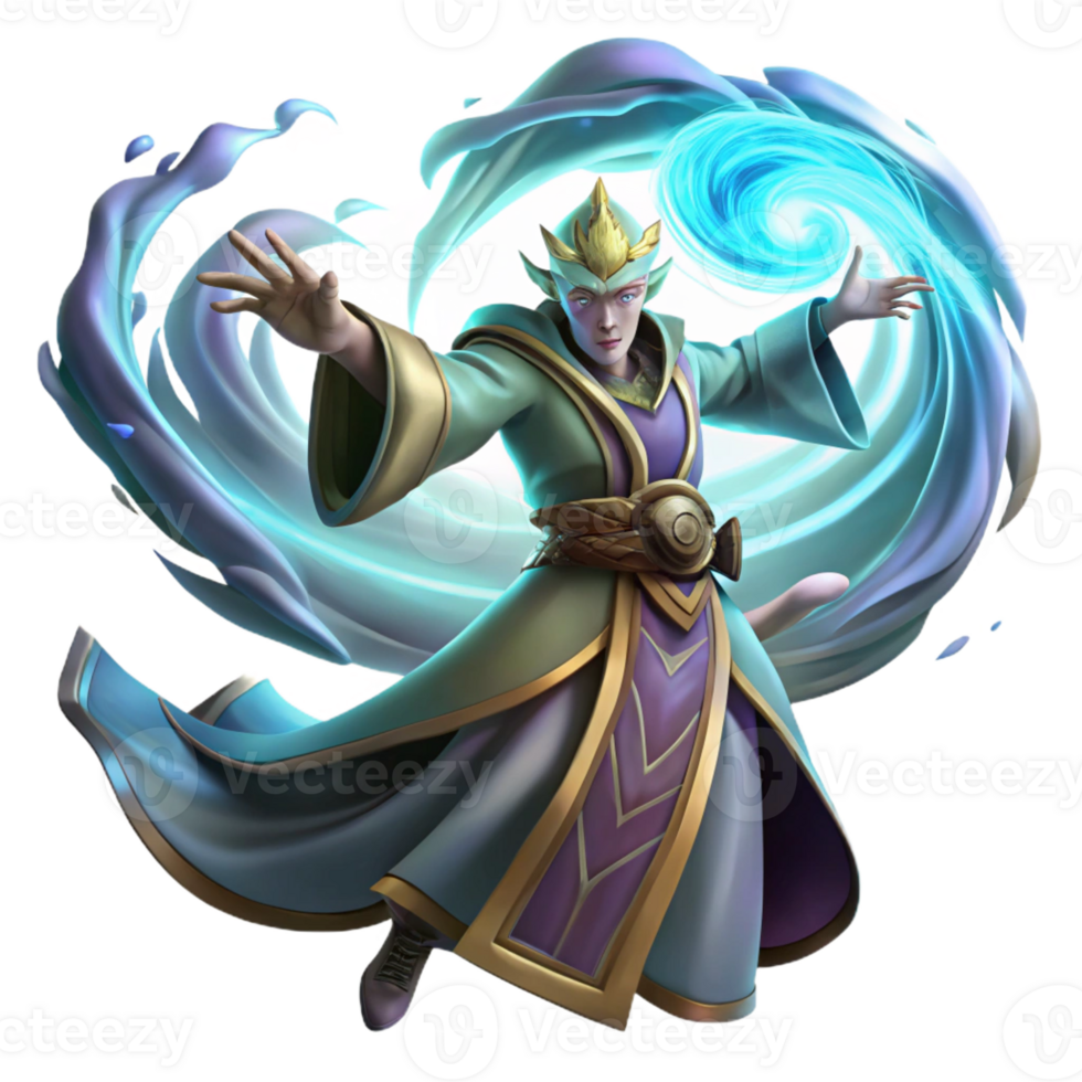 impressive modern A powerful sorcerer conjuring a swirling vortex of magical energy, his robes billowing in the wind. Dynamic lighting, digital painting style 4K png