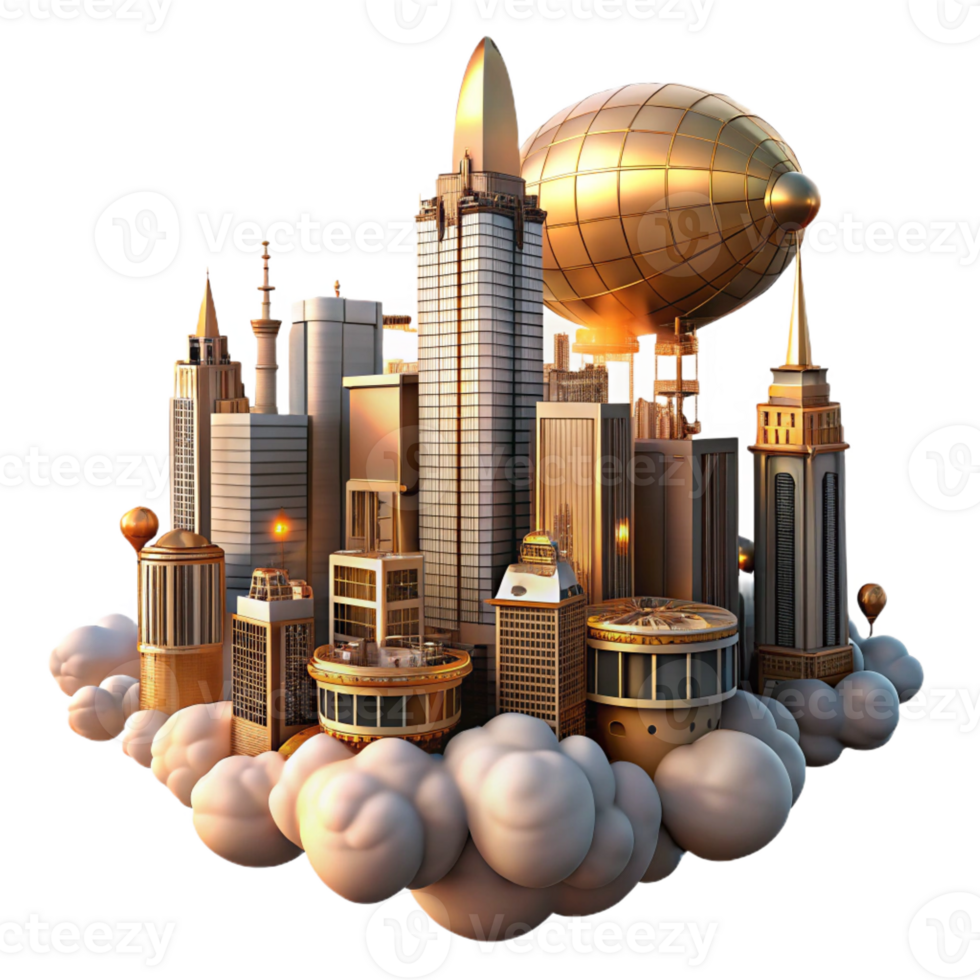 stunning contemporary A steampunk cityscape with towering buildings of brass and glass, airships navigating through the clouds, bathed in the warm glow of sunset, art deco style detailed png