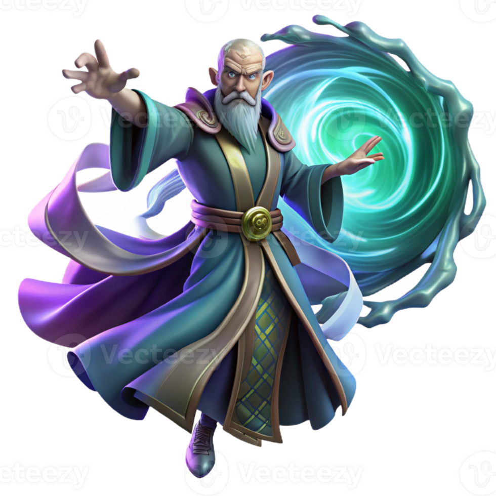 impressive classic A powerful sorcerer conjuring a swirling vortex of magical energy, his robes billowing in the wind. Dynamic lighting, digital painting style high quality png