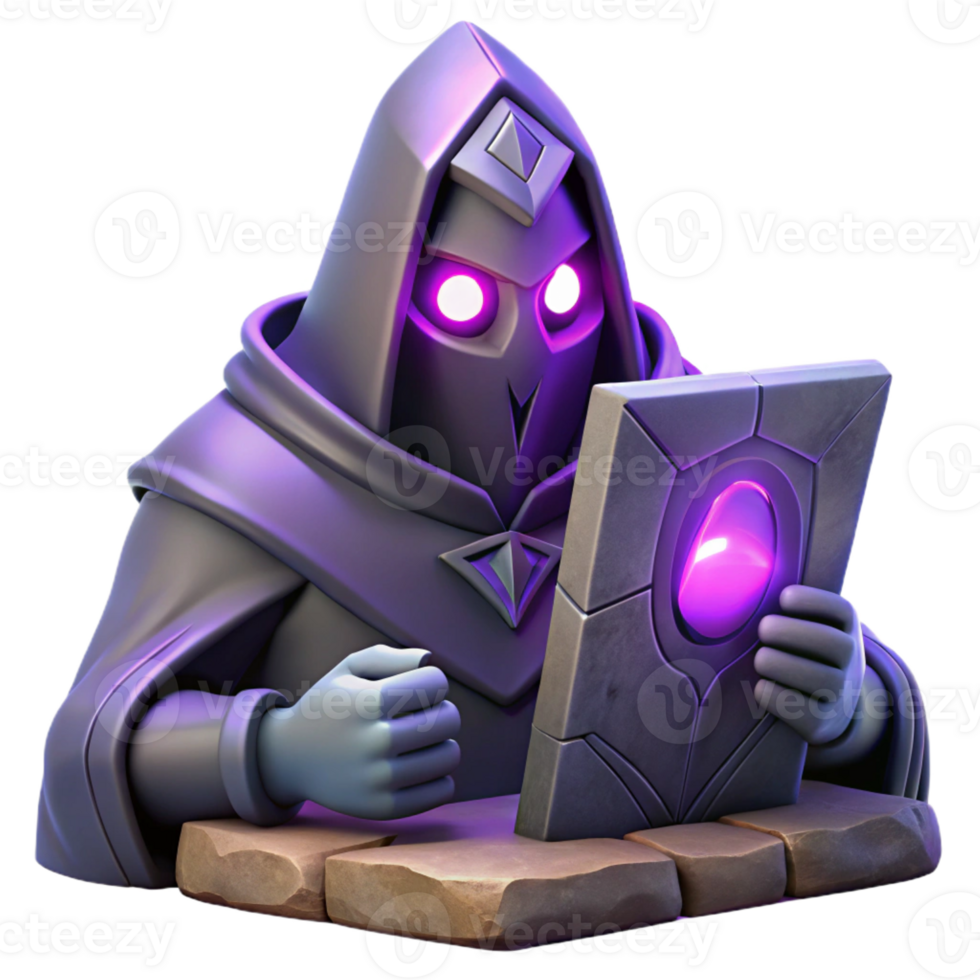 extraordinary modern A mysterious oracle with glowing purple eyes, reading ancient runes carved into a stone tablet. Moody lighting, fantasy art style genuine png