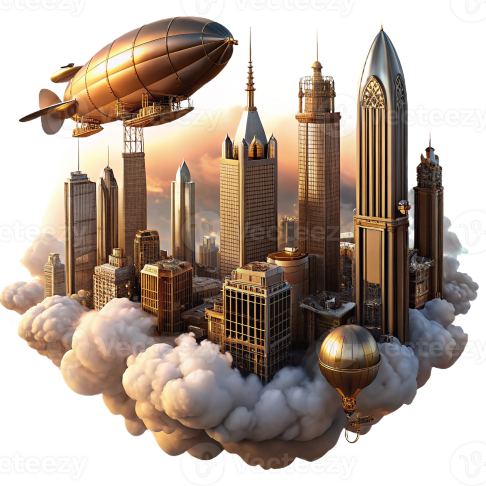 impressive creative A steampunk cityscape with towering buildings of brass and glass, airships navigating through the clouds, bathed in the warm glow of sunset, art deco style high quality png