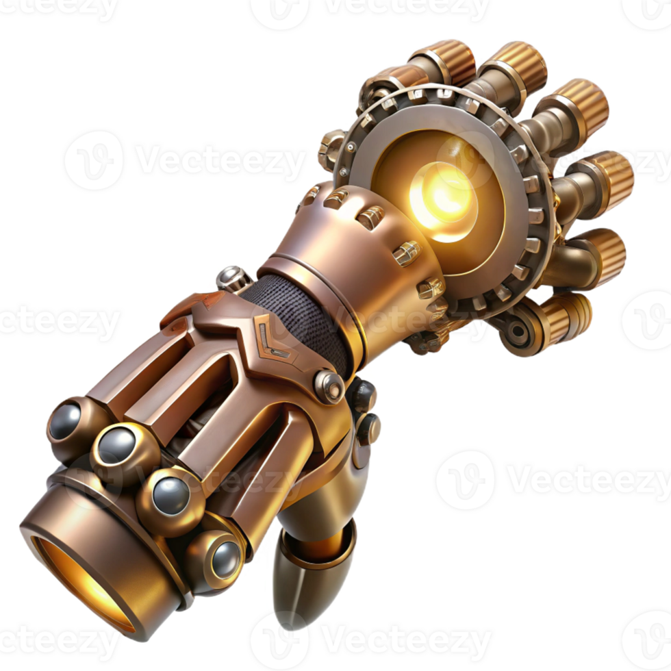 elegant artistic A steampunk prosthetic arm with intricate gears and pistons, polished to a high shine, lit by a single spotlight, hyperrealistic style premium png