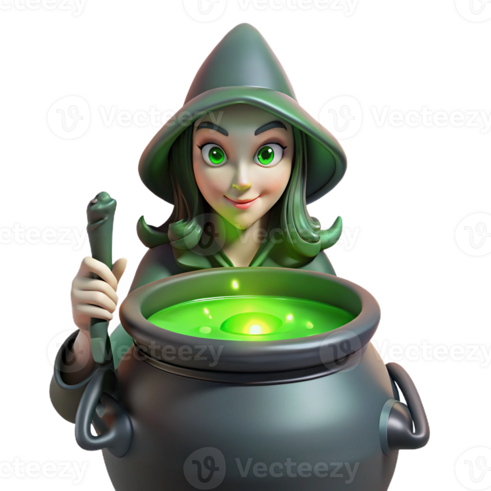 dramatic contemporary A powerful witch brewing a potion in a cauldron, her face illuminated by the eerie green glow. Moody lighting, painterly style high resolution png