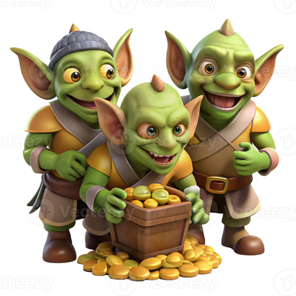 magnificent vintage A group of goblins scavenging through a treasure hoard, their eyes gleaming with greed. Warm lighting, realistic style high quality png