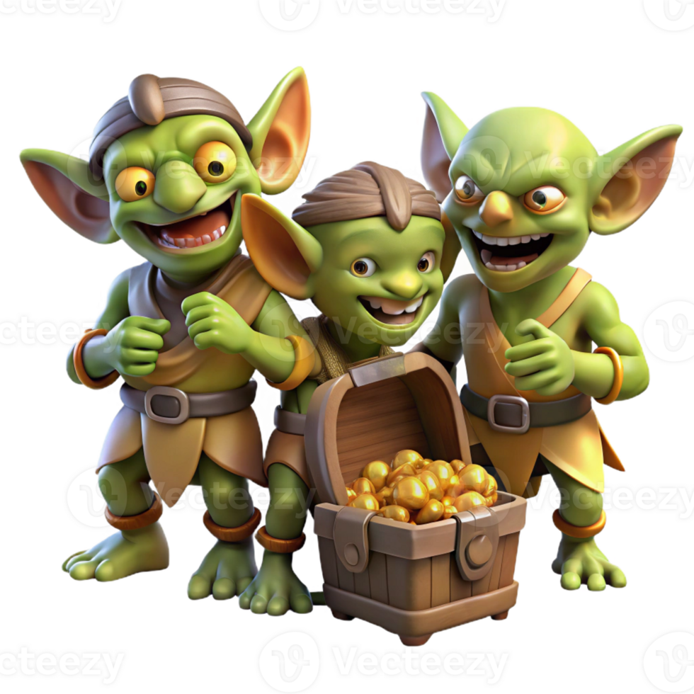 magnificent rustic A group of goblins scavenging through a treasure hoard, their eyes gleaming with greed. Warm lighting, realistic style detailed png
