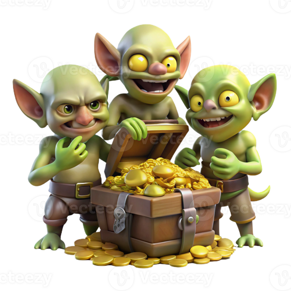 impressive classic A group of goblins scavenging through a treasure hoard, their eyes gleaming with greed. Warm lighting, realistic style high resolution png