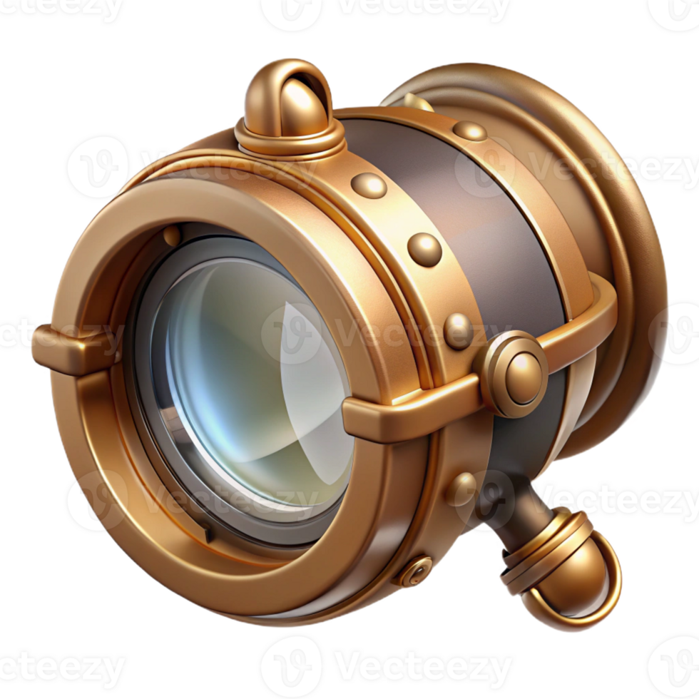 magnificent artistic Steampunk inspired monocle with intricate brass and glass details, reflecting a cityscape, soft, daylight lighting, photorealistic style high quality png