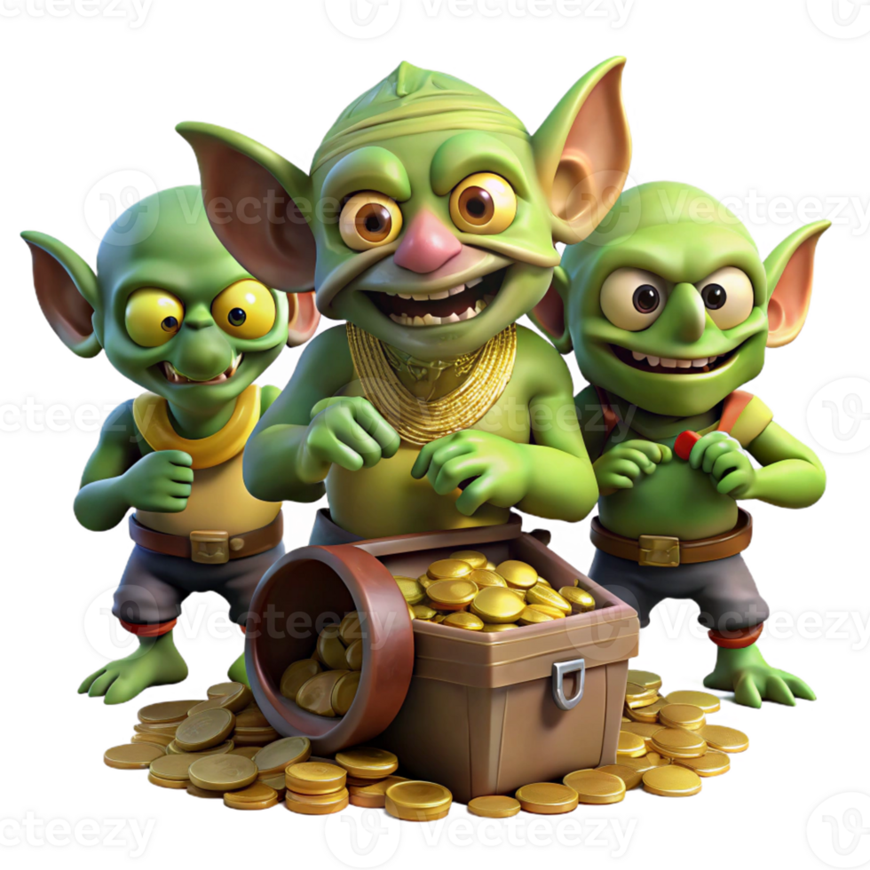 beautiful modern A group of goblins scavenging through a treasure hoard, their eyes gleaming with greed. Warm lighting, realistic style premium png