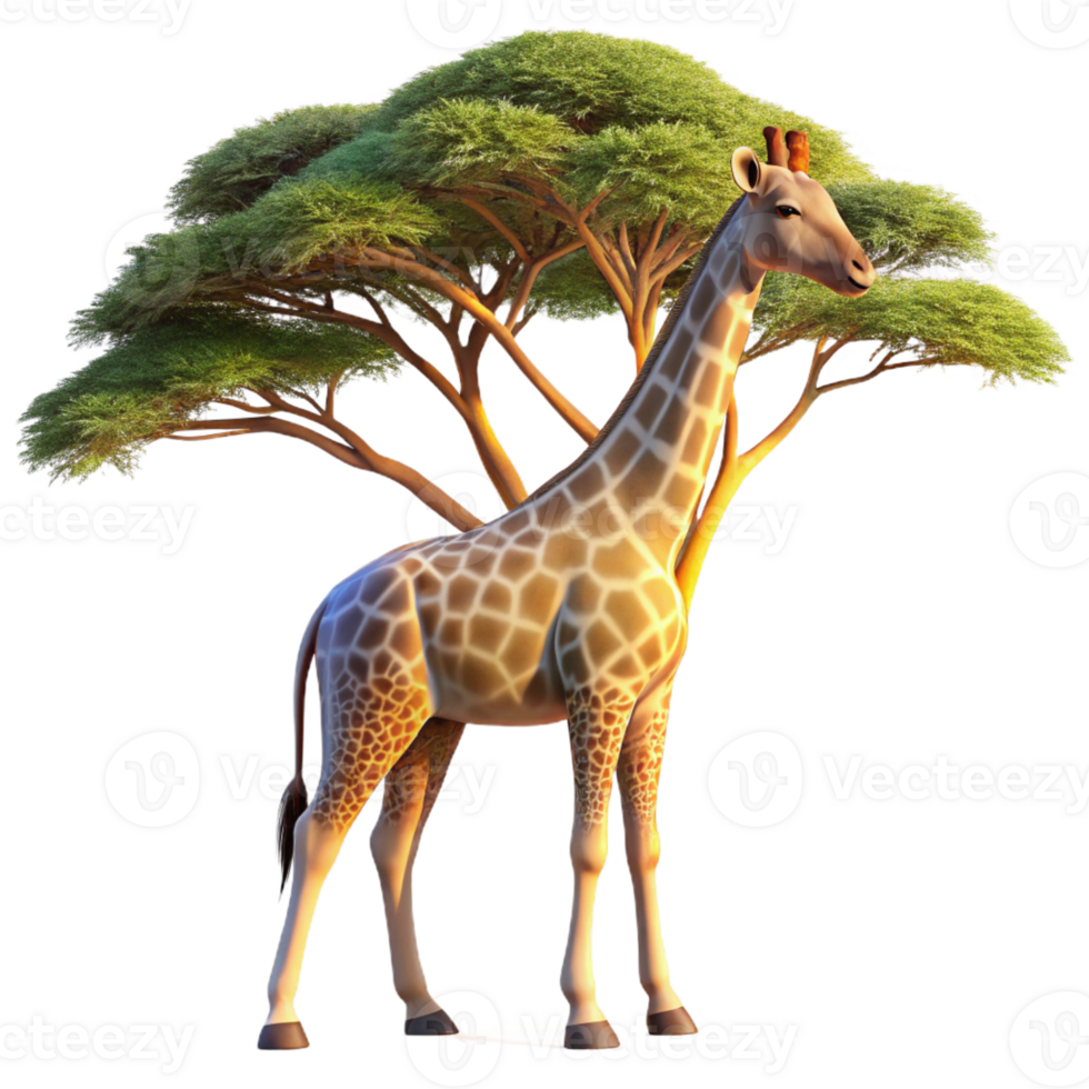 beautiful minimalist A graceful giraffe reaching for leaves in a tall acacia tree, bathed in the golden light of dawn, rendered in a photorealistic digital painting style high resolution png