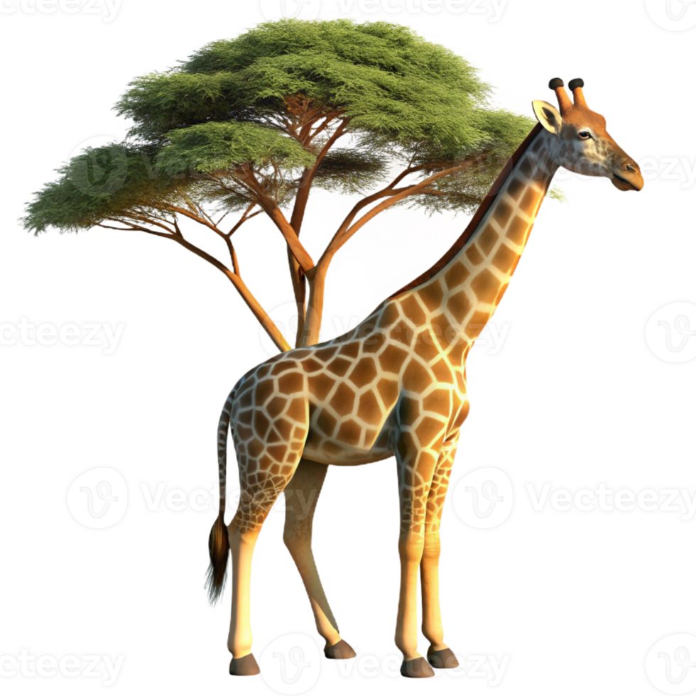beautiful traditional A graceful giraffe reaching for leaves in a tall acacia tree, bathed in the golden light of dawn, rendered in a photorealistic digital painting style professional png