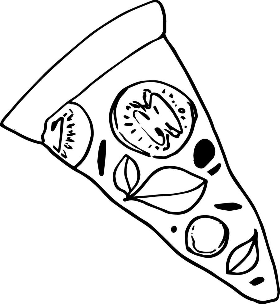 Pizza slice with tomato and basil doodle ink hand drawn clipart food illustration vector