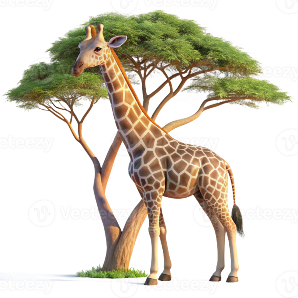 elegant artistic A graceful giraffe reaching for leaves in a tall acacia tree, bathed in the golden light of dawn, rendered in a photorealistic digital painting style detailed png
