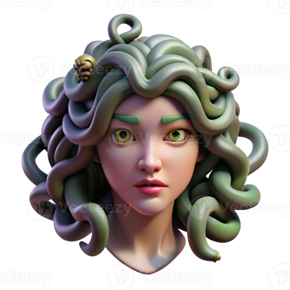 elegant contemporary Medusa, with snakes for hair, each individually detailed, her gaze turning a small mouse into stone. Dark, moody lighting, Baroque painting style authentic png