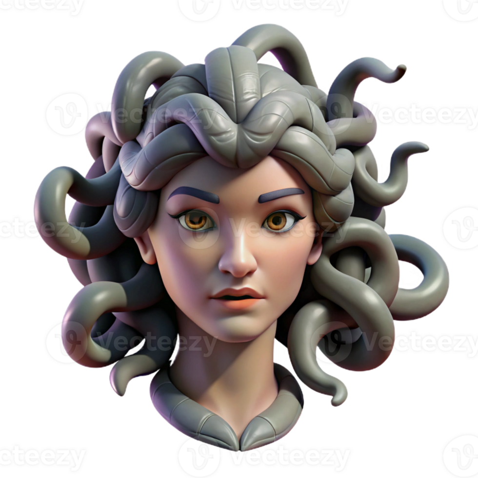 stunning vintage Medusa, with snakes for hair, each individually detailed, her gaze turning a small mouse into stone. Dark, moody lighting, Baroque painting style 4K png