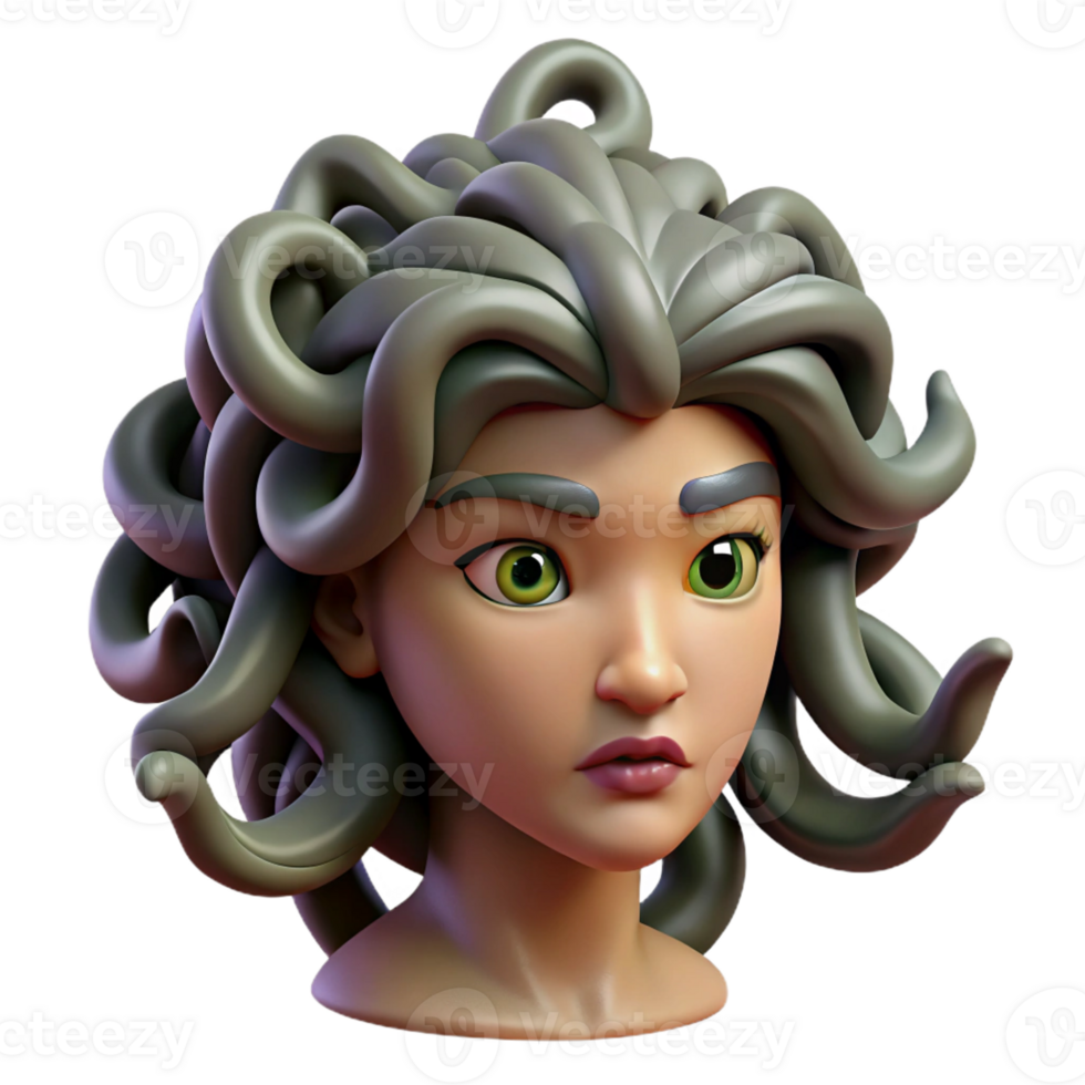 dramatic minimalist Medusa, with snakes for hair, each individually detailed, her gaze turning a small mouse into stone. Dark, moody lighting, Baroque painting style high quality png