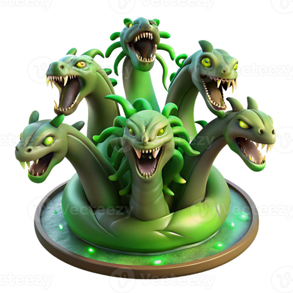 stunning rustic The hydra, a multi-headed serpent, each head uniquely scaled and colored, rising from a murky swamp, lit by an eerie green glow. Dark fantasy style authentic png