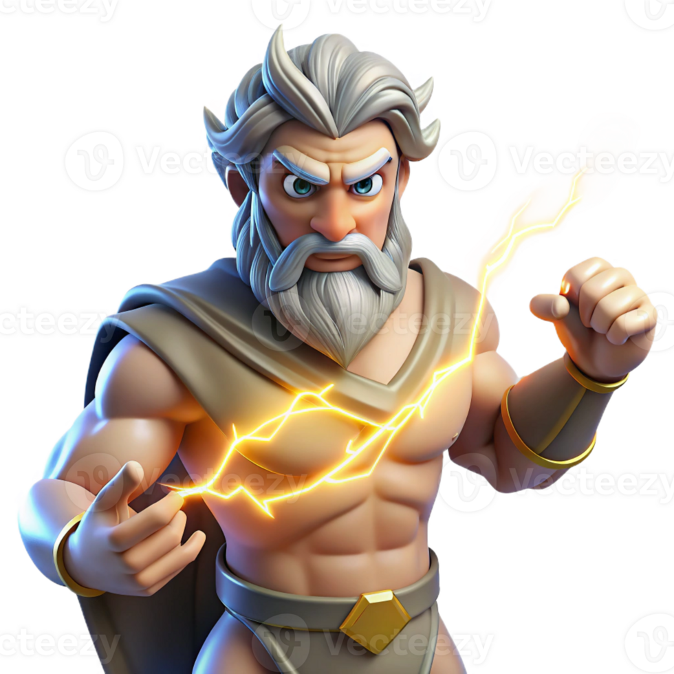 stunning modern A powerful Zeus, wielding lightning bolts forged from pure energy, his eyes glowing with divine power. Dramatic, comic book style authentic png