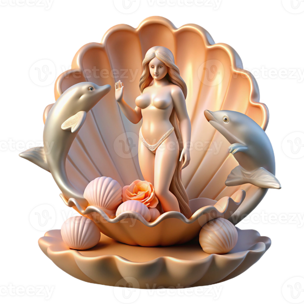 wonderful modern A serene Aphrodite emerging from a giant scallop shell, surrounded by playful dolphins, bathed in the warm glow of dawn. Romantic, Rococo style genuine png