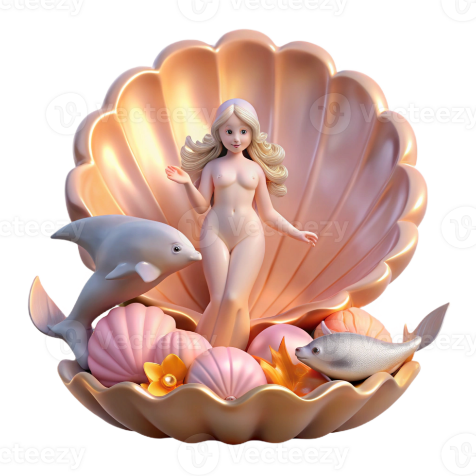extraordinary abstract A serene Aphrodite emerging from a giant scallop shell, surrounded by playful dolphins, bathed in the warm glow of dawn. Romantic, Rococo style exclusive png