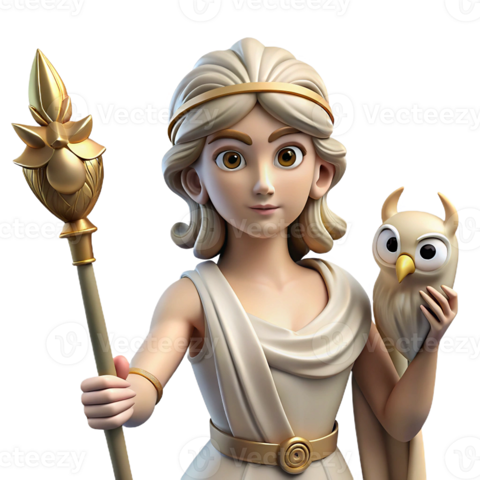 serene traditional A wise Athena, holding an owl and a spear, her face radiating wisdom and strength. Classical Greek sculpture style premium png