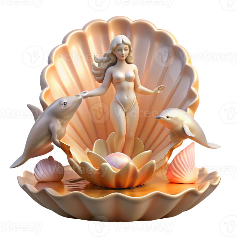 impressive artistic A serene Aphrodite emerging from a giant scallop shell, surrounded by playful dolphins, bathed in the warm glow of dawn. Romantic, Rococo style high quality png