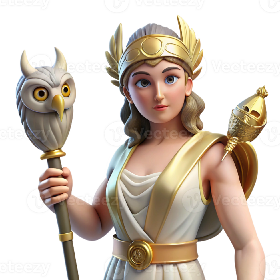 impressive classic A wise Athena, holding an owl and a spear, her face radiating wisdom and strength. Classical Greek sculpture style 4K png