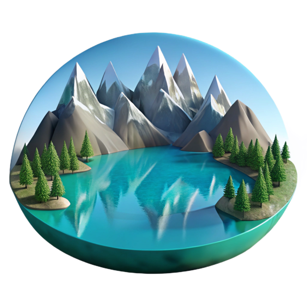 A crystal clear lake reflecting the surrounding mountains, serene and peaceful, realistic style, morning light png