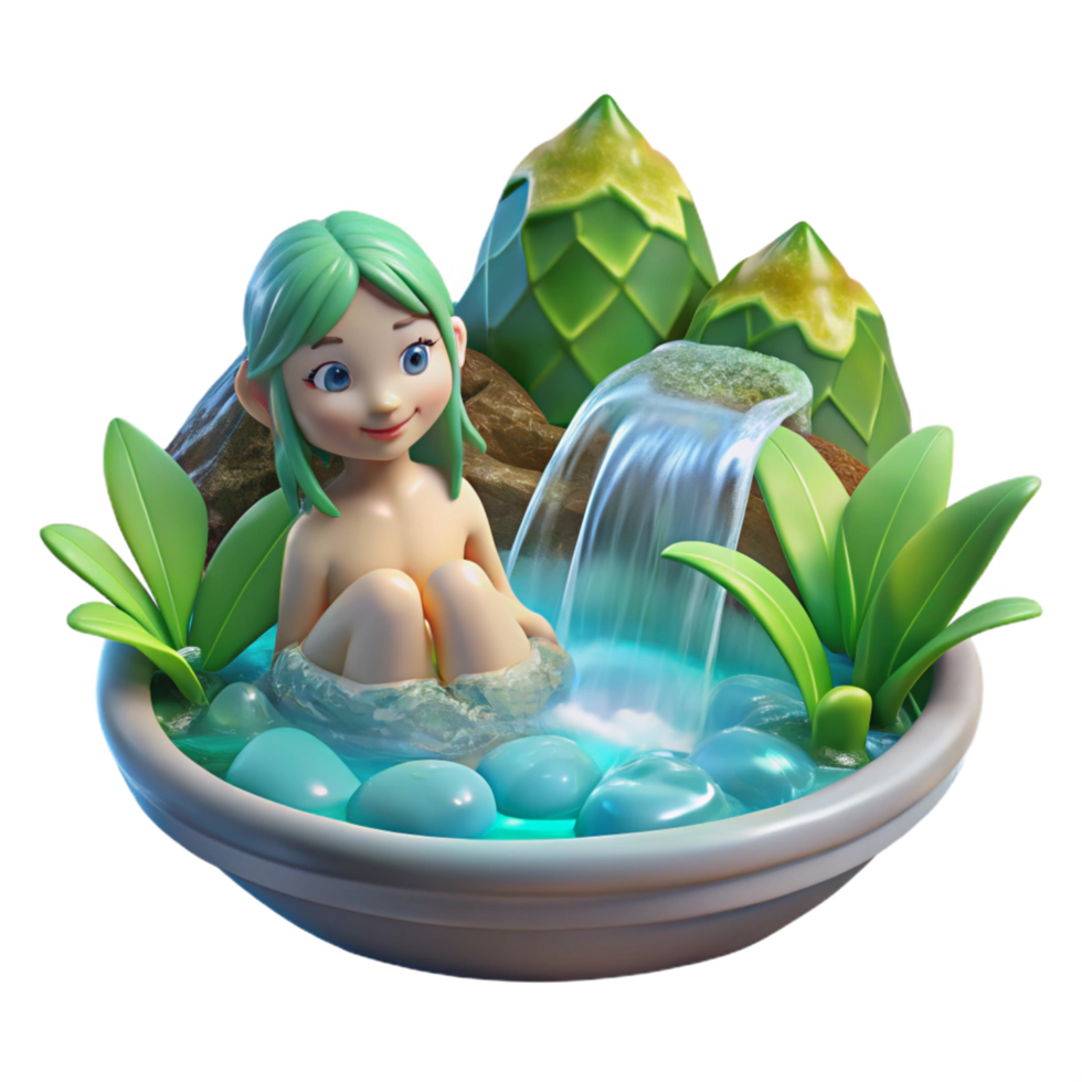 dramatic artistic A playful nymph bathing in a crystal-clear waterfall, illuminated by dappled sunlight filtering through the leaves. Impressionist style professional png