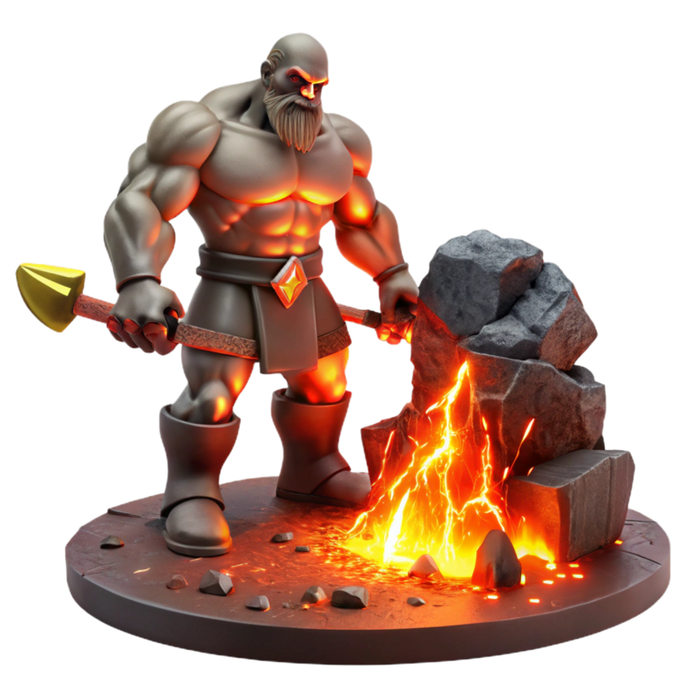 impressive vintage A powerful cyclops forging a thunderbolt in his volcanic lair, illuminated by the fiery glow of the forge. Fantasy art style authentic png