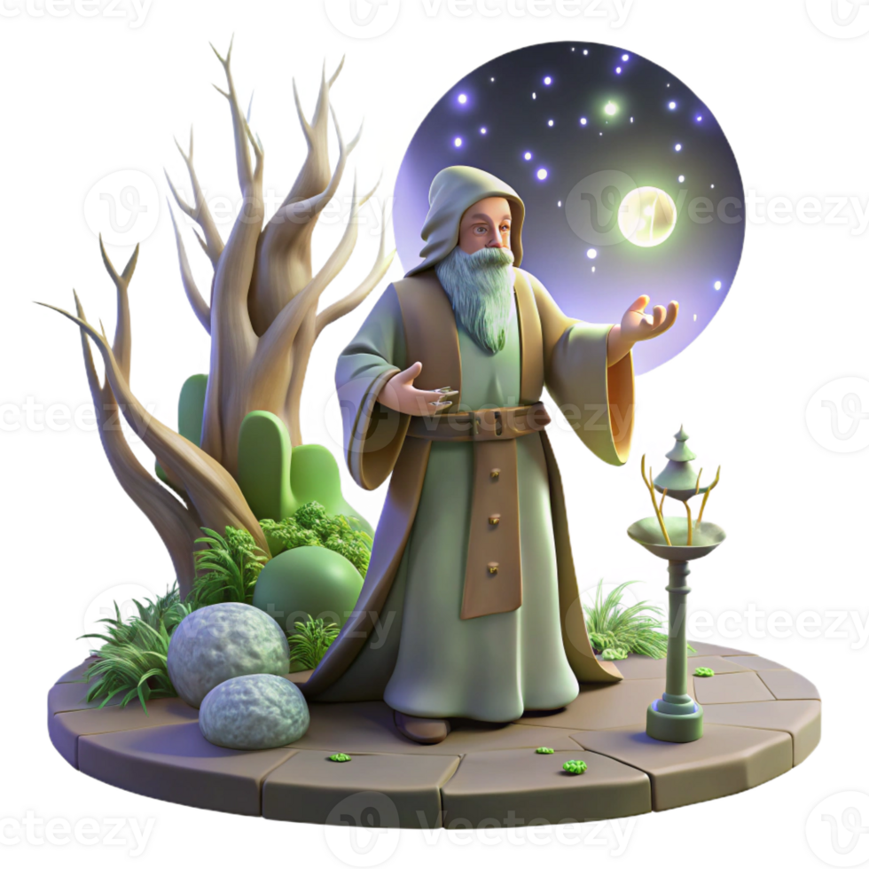 stunning abstract A wise druid performing a ritual in a sacred grove, illuminated by the ethereal light of the moon and stars. Celtic art style high resolution png
