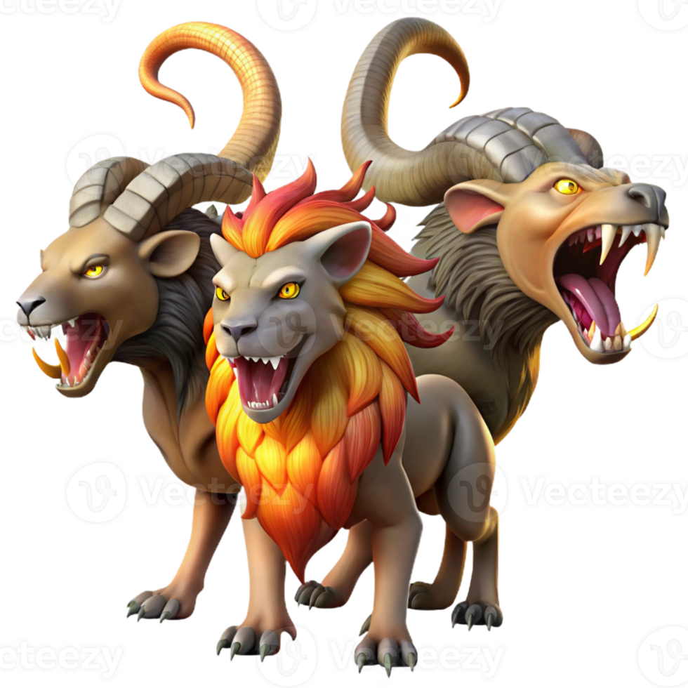 impressive creative A fearsome chimera, its lion, goat, and serpent heads roaring in unison, illuminated by the flickering flames of a burning village. Fantasy art style detailed png