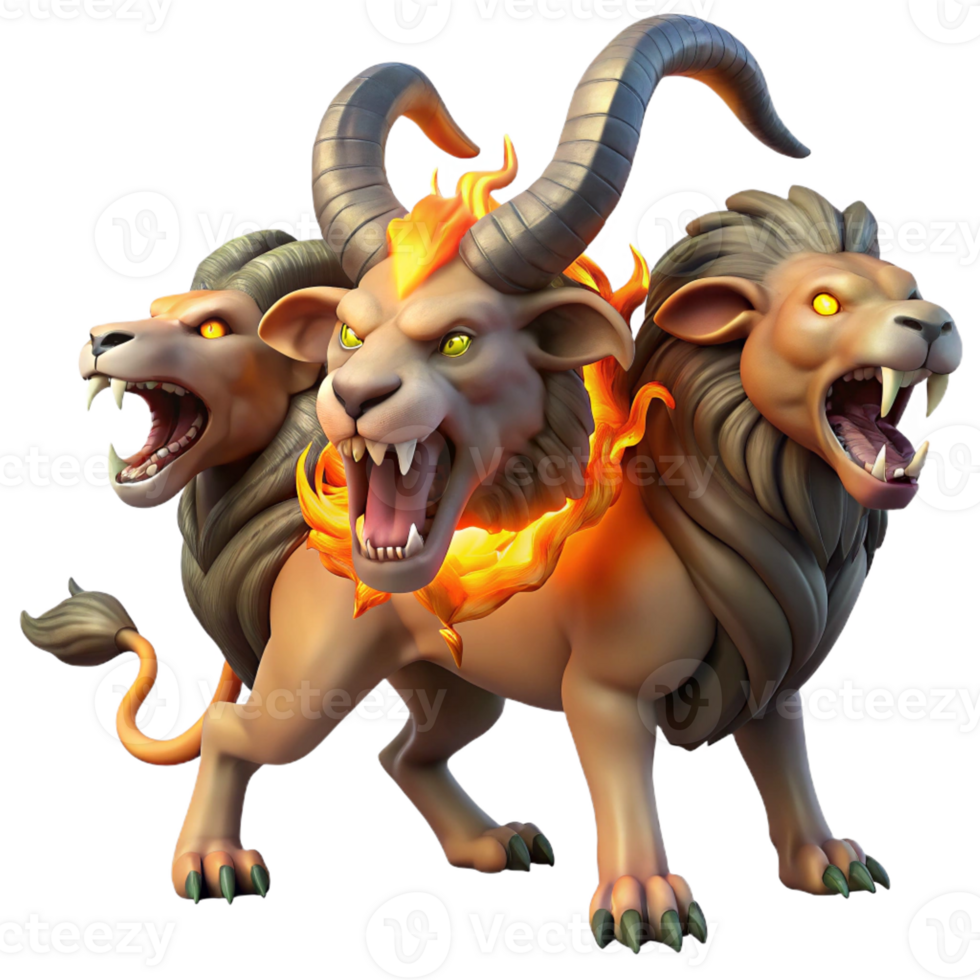 stunning creative A fearsome chimera, its lion, goat, and serpent heads roaring in unison, illuminated by the flickering flames of a burning village. Fantasy art style original png