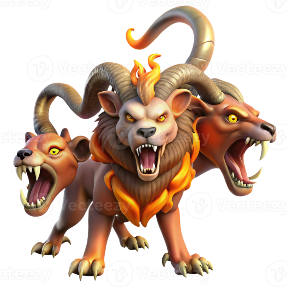 serene vintage A fearsome chimera, its lion, goat, and serpent heads roaring in unison, illuminated by the flickering flames of a burning village. Fantasy art style original png