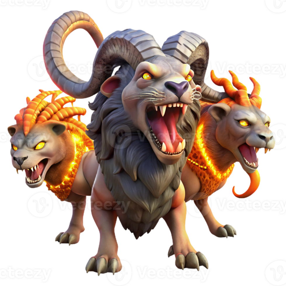 wonderful traditional A fearsome chimera, its lion, goat, and serpent heads roaring in unison, illuminated by the flickering flames of a burning village. Fantasy art style exclusive png