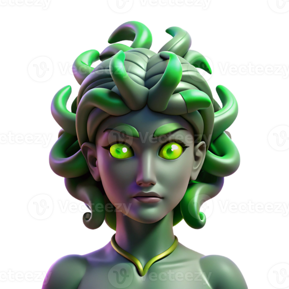 magnificent abstract A powerful gorgon, her gaze turning men to stone, illuminated by the eerie green light of her eyes. Surrealist style 4K png