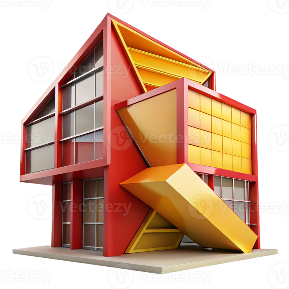vibrant traditional Deconstructivist office building, sharp angles and intersecting planes, vibrant red and yellow color palette, dramatic shadows, abstract style original png