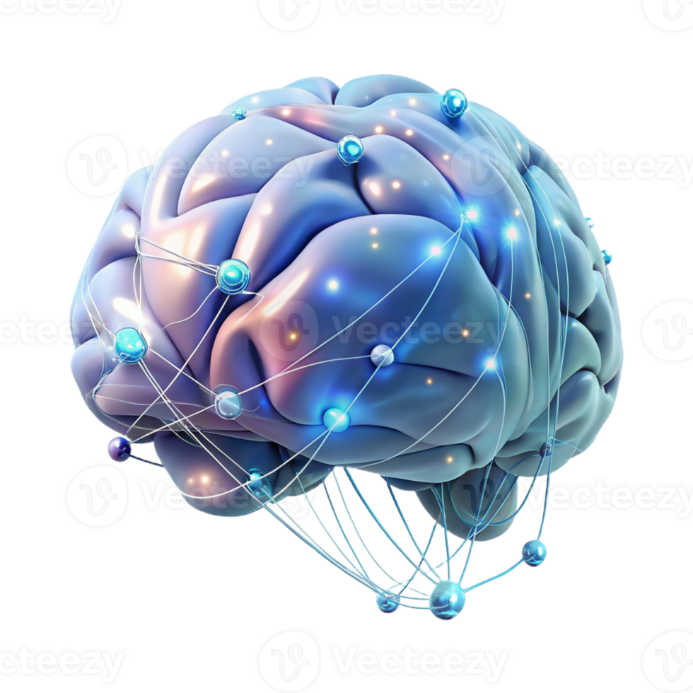 magnificent contemporary A surreal, dreamlike painting of a human brain connected to a vast network of glowing data streams, lit by an ethereal glow, in a digital art style high resolution png
