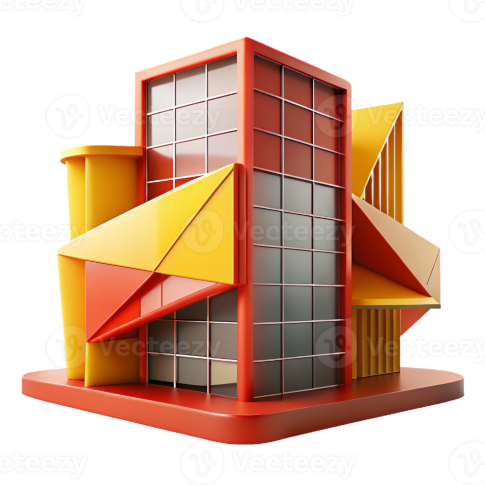 dramatic vintage Deconstructivist office building, sharp angles and intersecting planes, vibrant red and yellow color palette, dramatic shadows, abstract style premium png