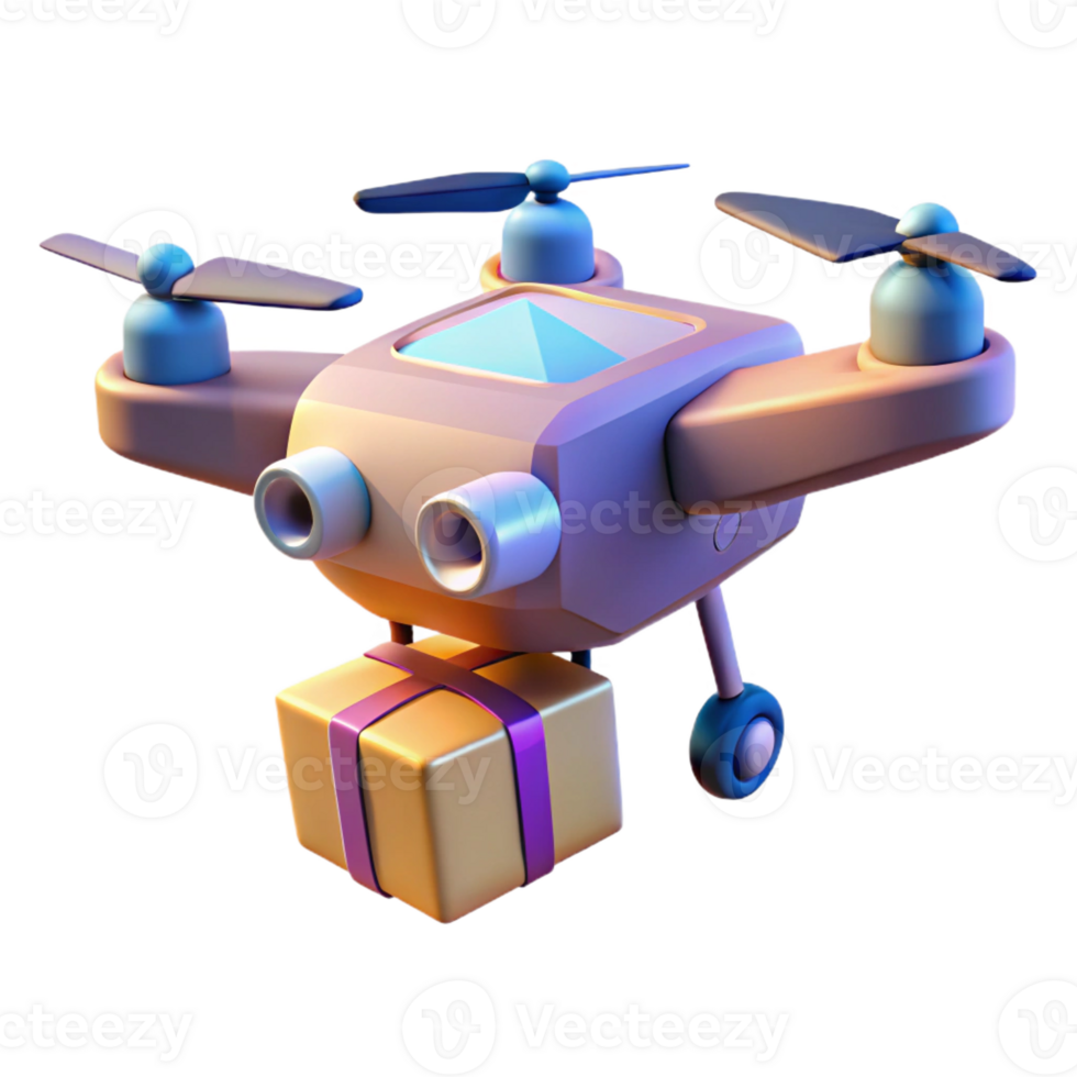 extraordinary minimalist A stylized, low-poly model of a futuristic drone delivering a package, illuminated by warm, afternoon sunlight, in a minimalist style original png