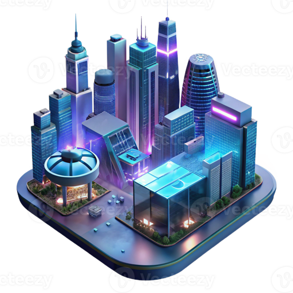 impressive artistic Futuristic cityscape, flying vehicles and glowing skyscrapers, neon lights reflecting on a rain-slicked surface, cyberpunk style professional png