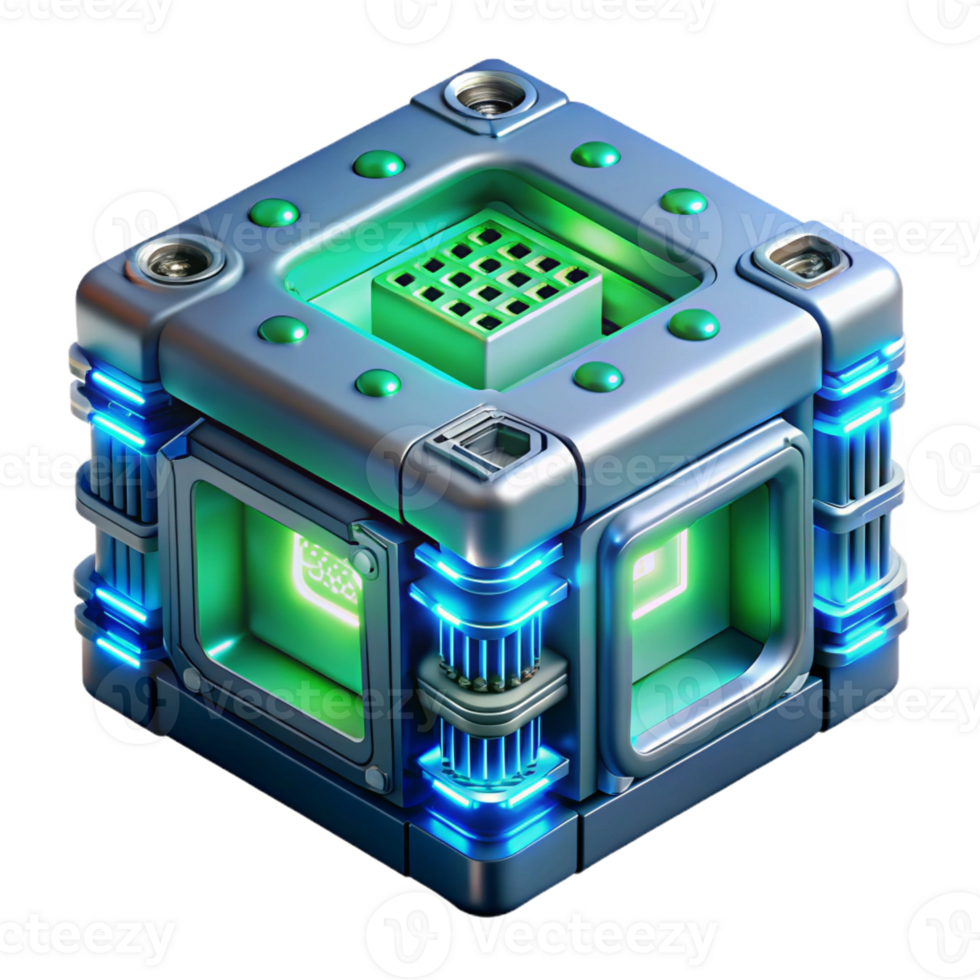 wonderful creative A highly detailed, photorealistic render of a quantum computer, illuminated by pulsating blue and green lights, in a science fiction style authentic png