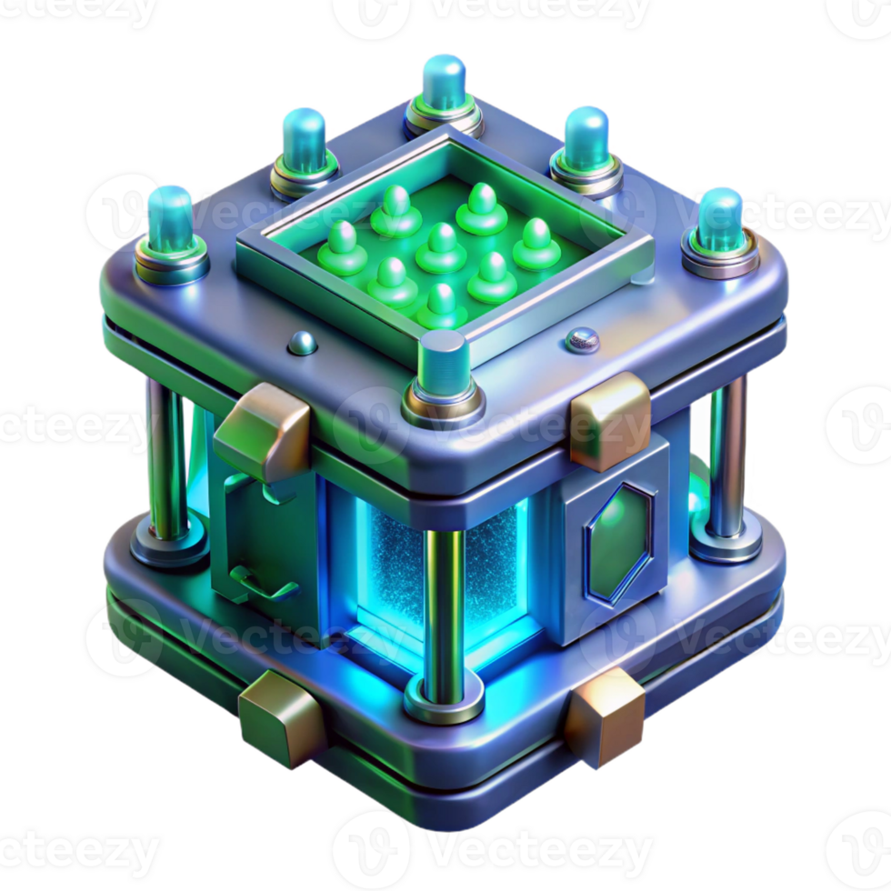 elegant modern A highly detailed, photorealistic render of a quantum computer, illuminated by pulsating blue and green lights, in a science fiction style detailed png