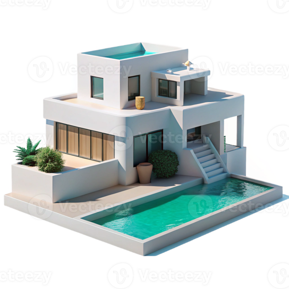 serene classic Modernist villa, clean lines and white walls, overlooking a turquoise ocean, bright midday sun, minimalist style genuine png