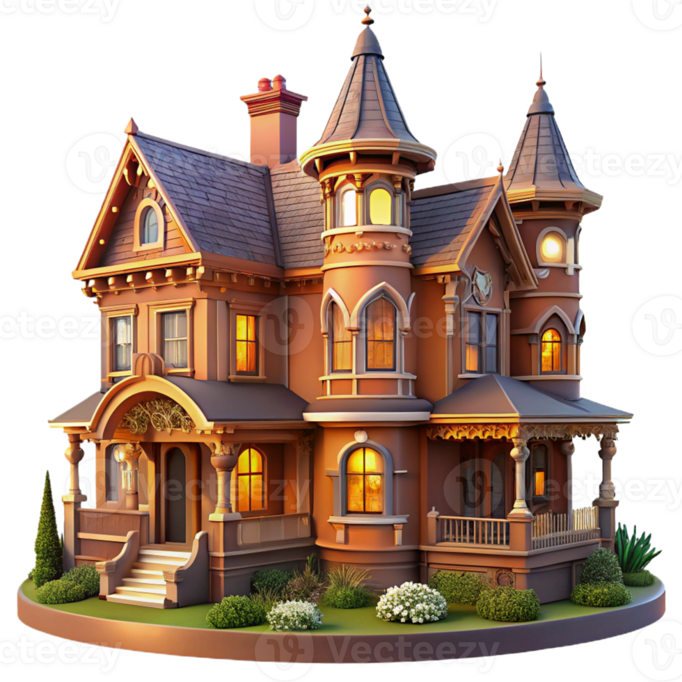 vibrant rustic Victorian mansion, ornate gingerbread trim, warm evening light, lush garden visible through large windows, romantic style authentic png