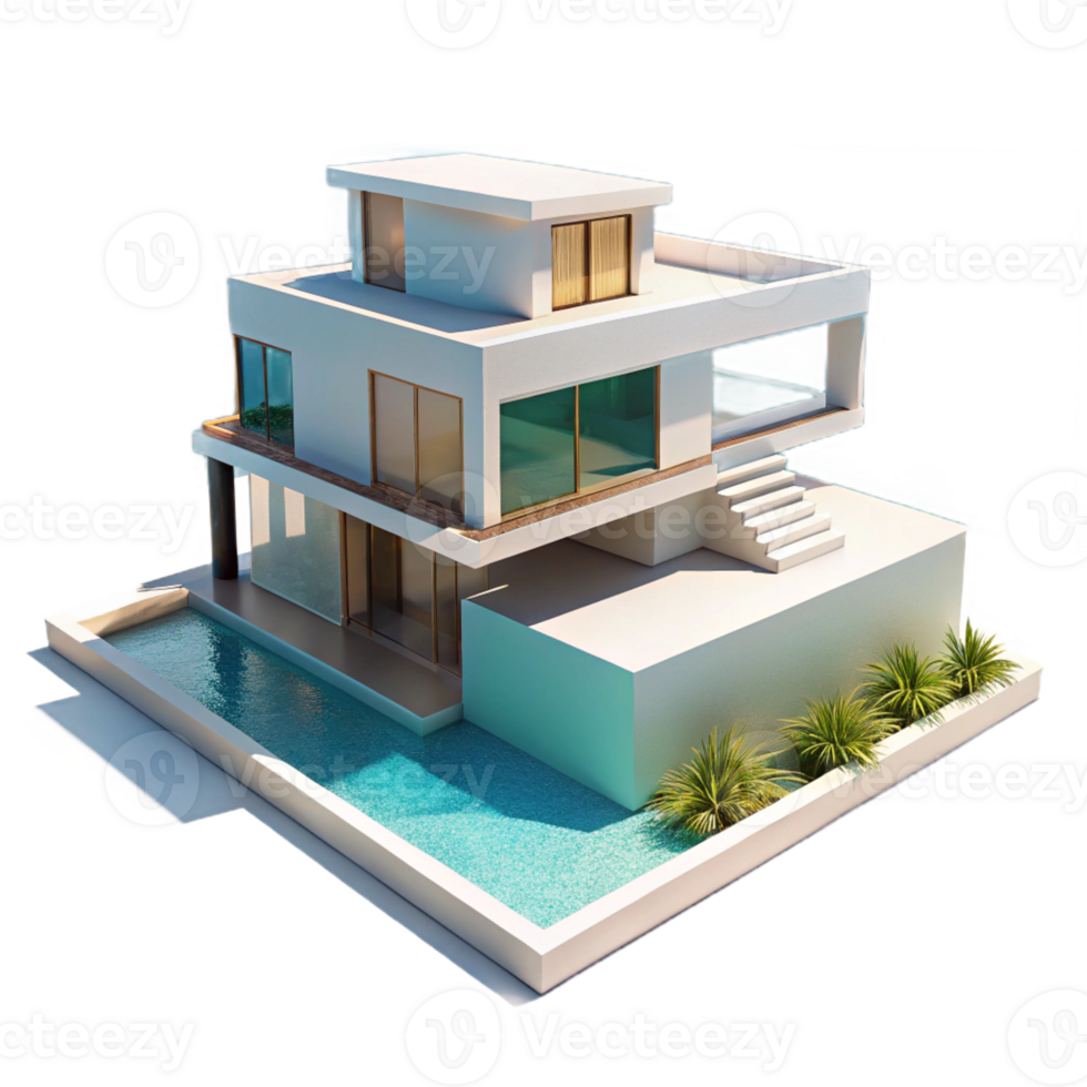 elegant artistic Modernist villa, clean lines and white walls, overlooking a turquoise ocean, bright midday sun, minimalist style original png