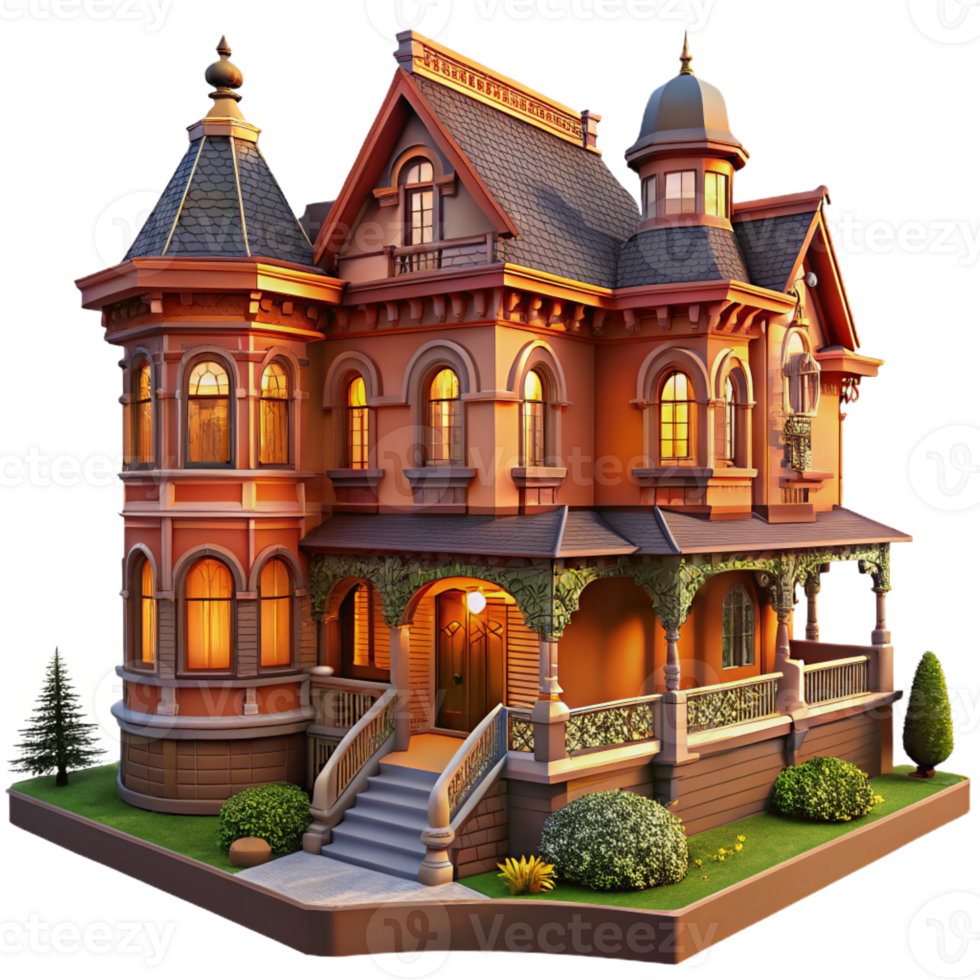 magnificent creative Victorian mansion, ornate gingerbread trim, warm evening light, lush garden visible through large windows, romantic style professional png