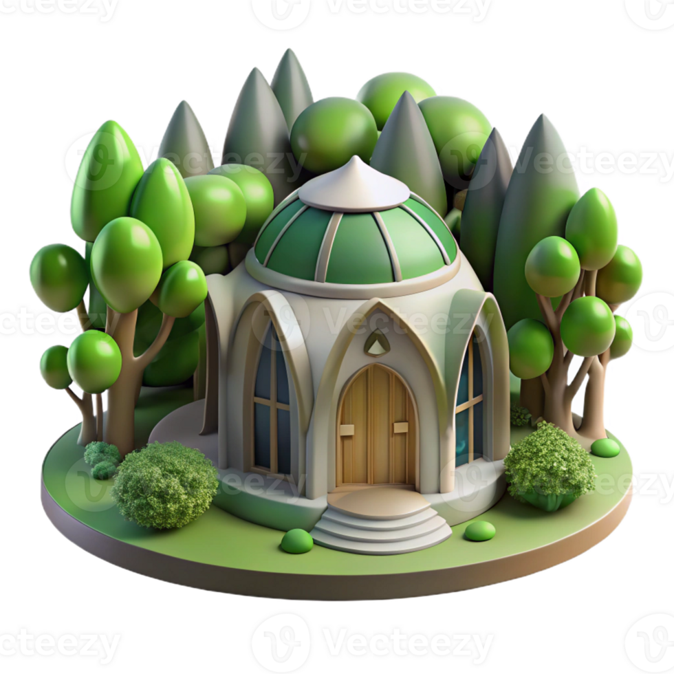 wonderful traditional Organic architecture, building seamlessly blending with a forest landscape, dappled sunlight filtering through leaves, fantasy style premium png