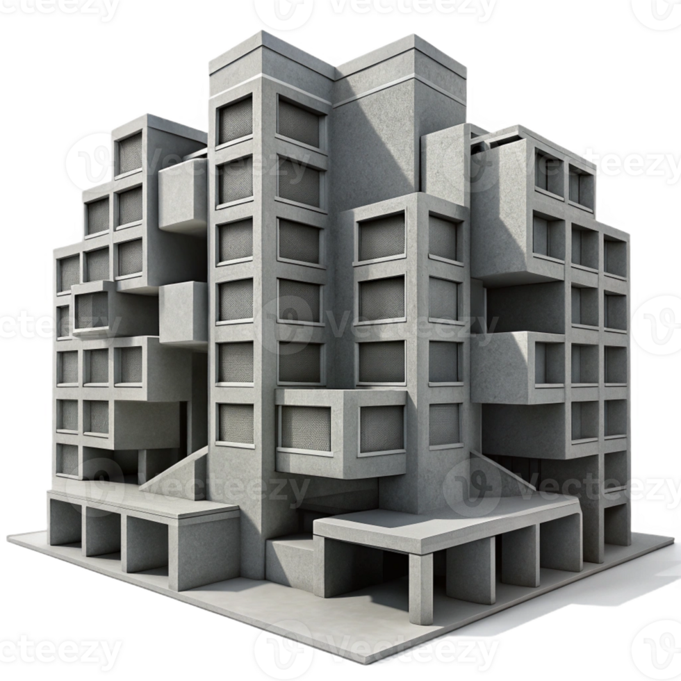 beautiful rustic Brutalist concrete apartment complex, repetitive geometric forms, stark shadows, grayscale photography style detailed png