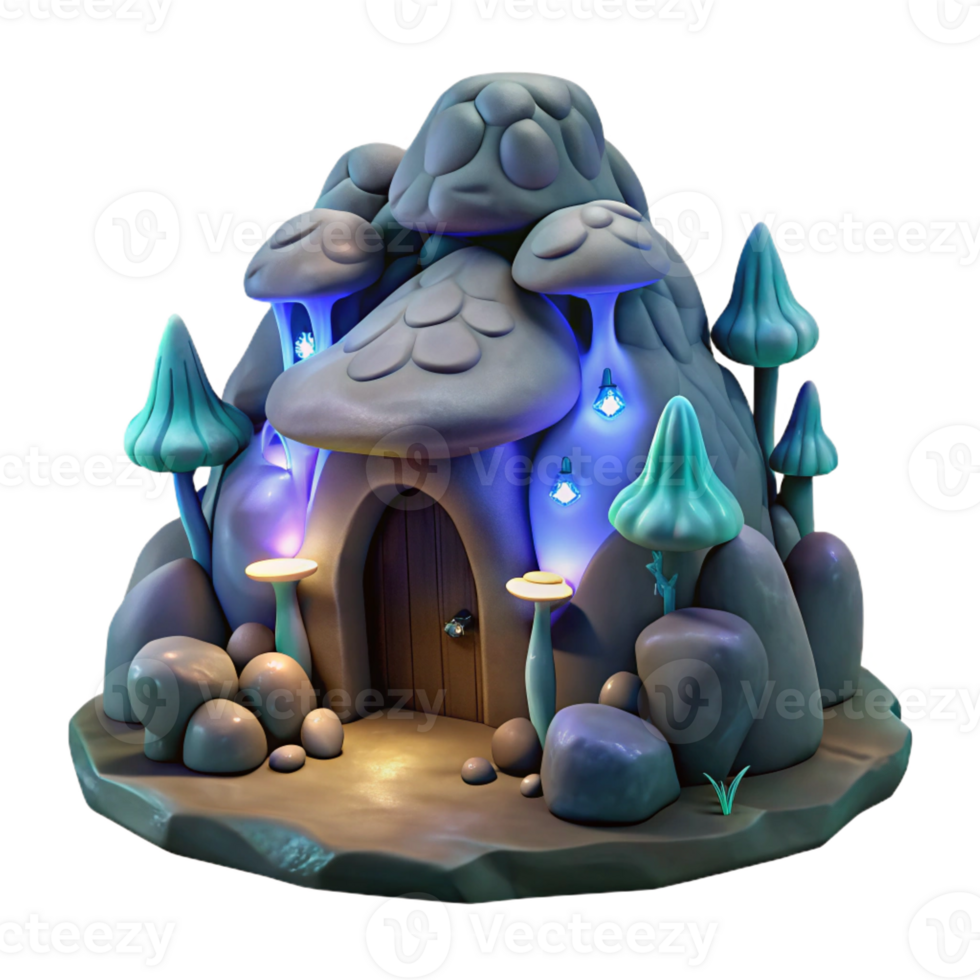 vibrant vintage Subterranean dwelling, carved into rock, bioluminescent fungi providing soft illumination, mystical style professional png