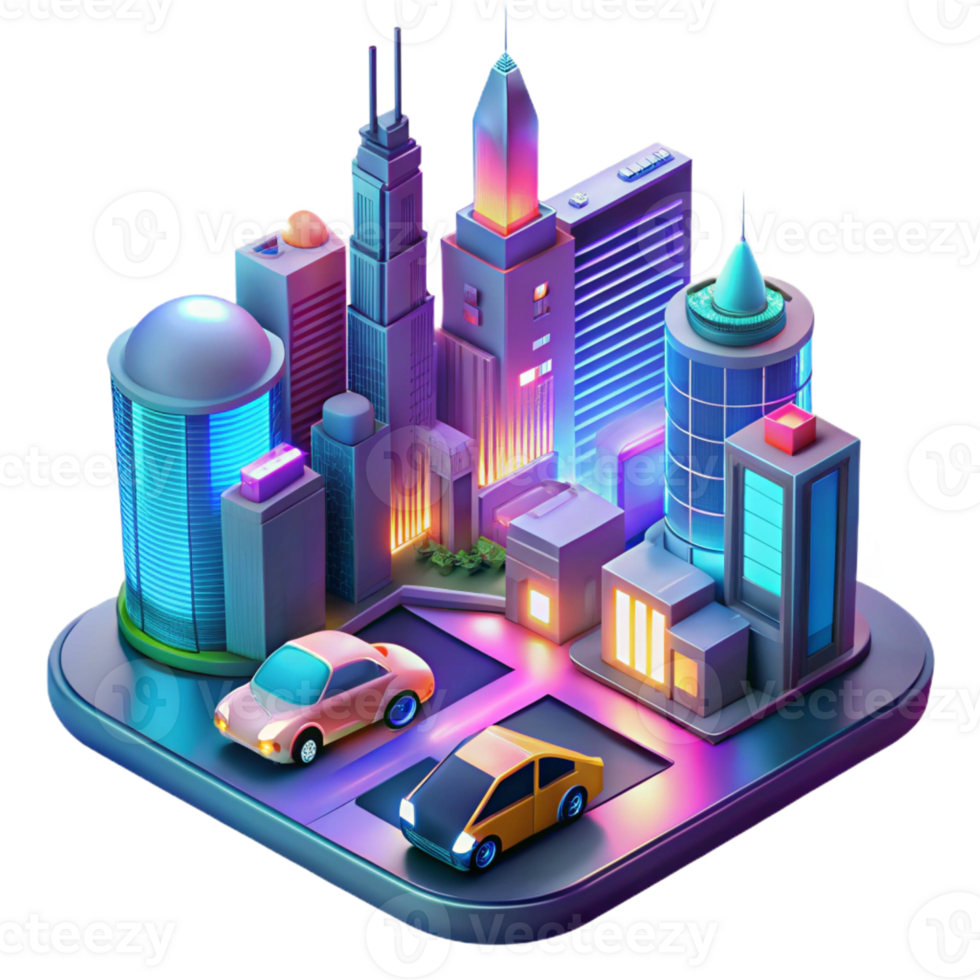 vibrant minimalist A stylized, art illustration of a futuristic cityscape with flying cars and towering skyscrapers, illuminated by vibrant neon lights original png